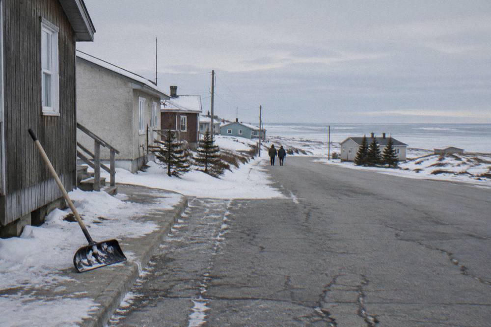 A small northern town street under a wide open sky near the shore of Hudson Bay