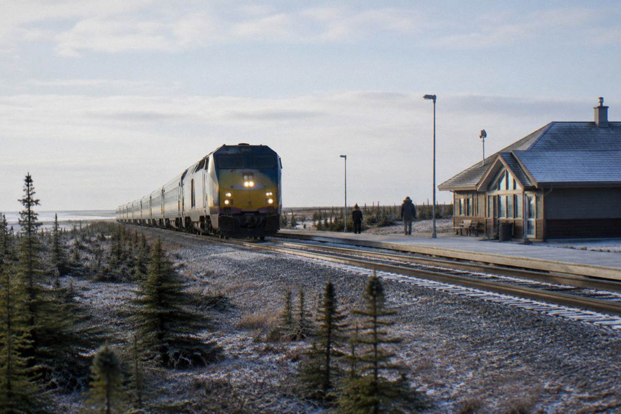 A passenger train crossing open subarctic tundra under a wide pale sky near Churchill