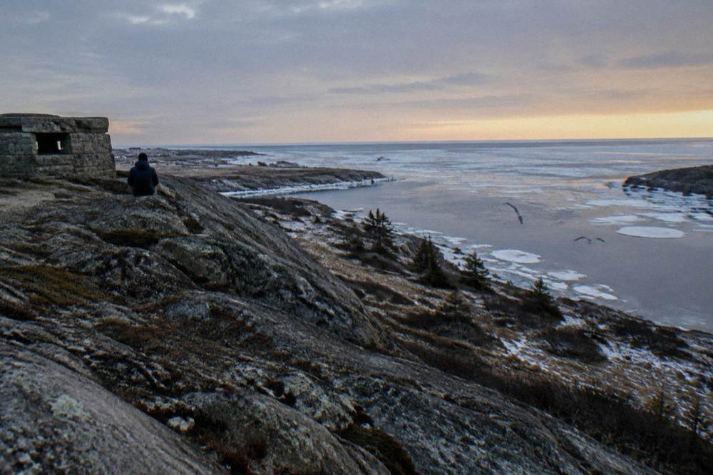 A wide view of the Churchill coastline with sea ice forming on Hudson Bay