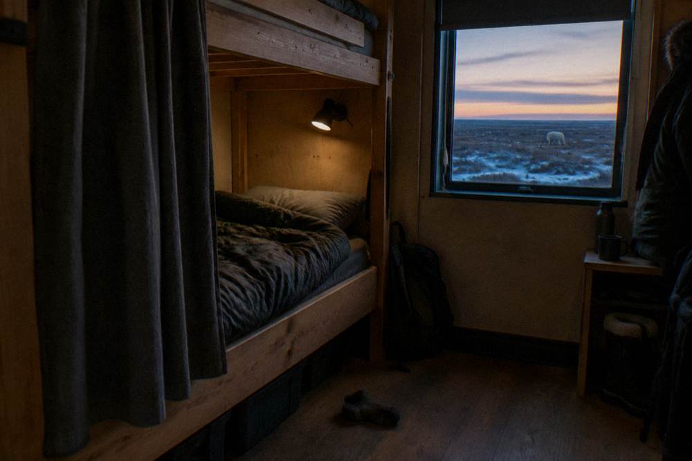 A bunk bed with a privacy curtain and a small window looking out over dark tundra at dusk
