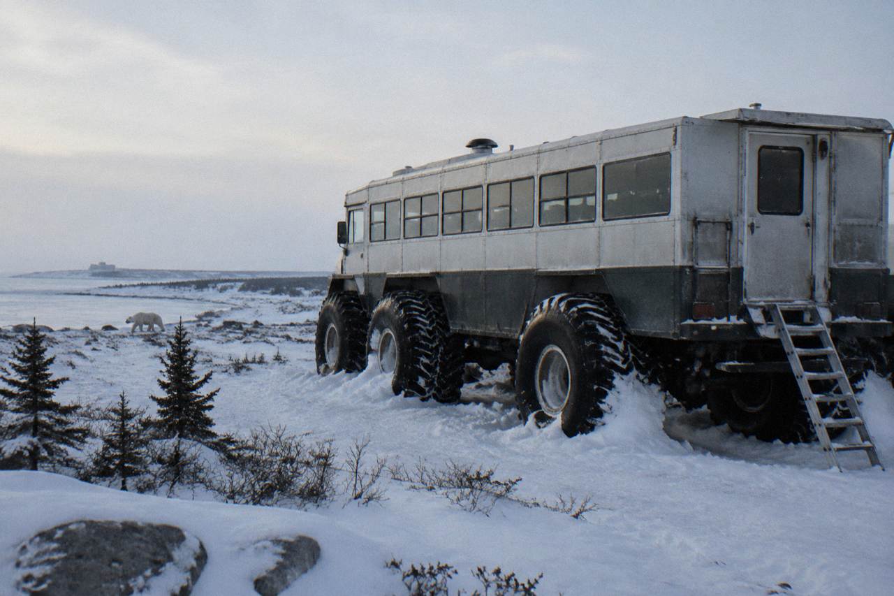 A large wheeled tundra vehicle parked on snow-covered subarctic ground under a pale sky