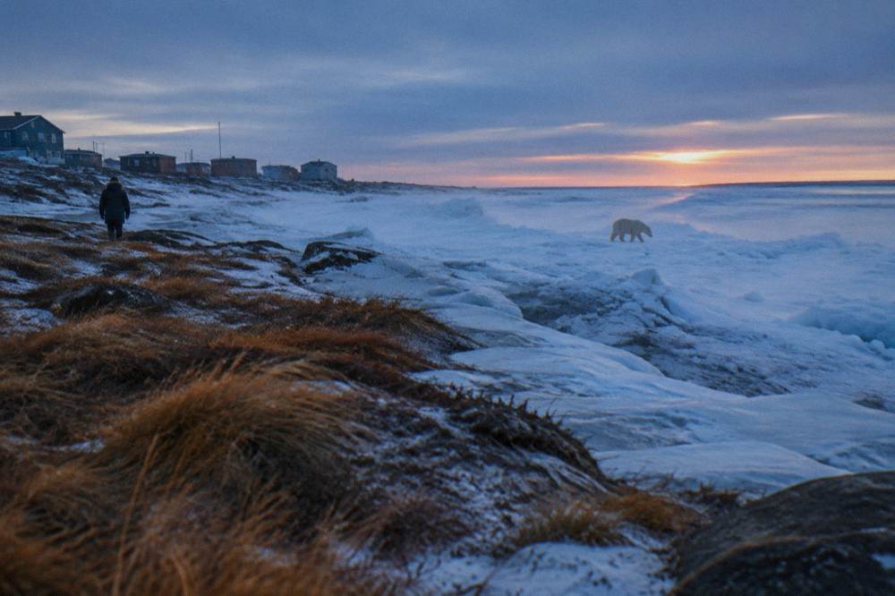 Coastal tundra and frozen shoreline along Hudson Bay near Churchill at dusk