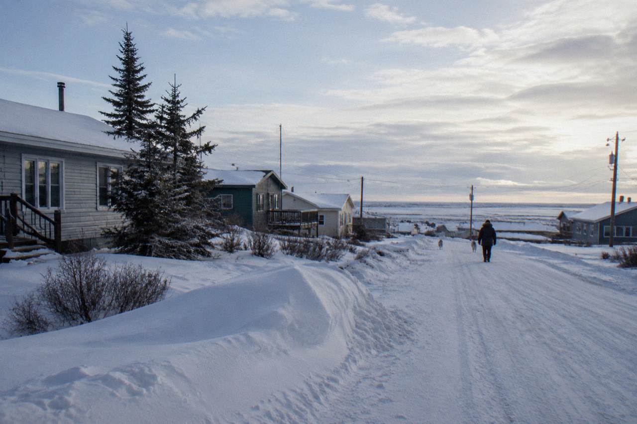 A quiet Churchill street under a wide northern sky with snow on the ground