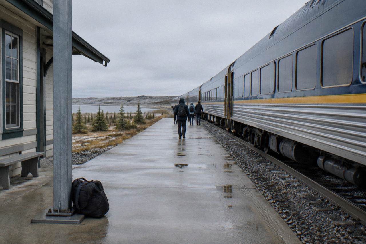 A passenger train crossing open subarctic muskeg under a wide grey sky near Churchill.