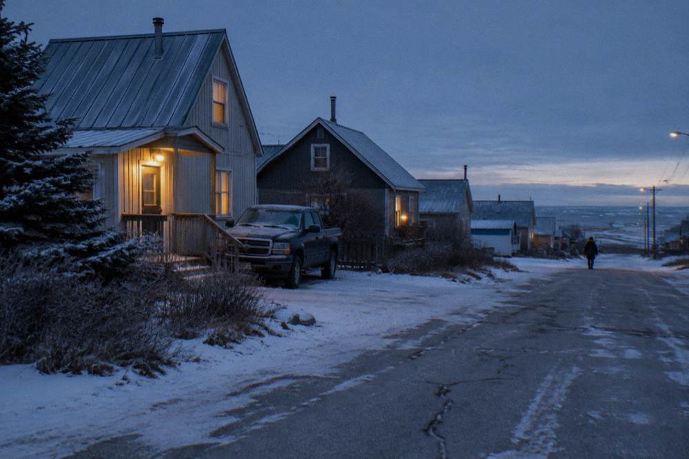 A quiet Churchill street at dusk with snow on the ground and a locked-vehicle warning sign