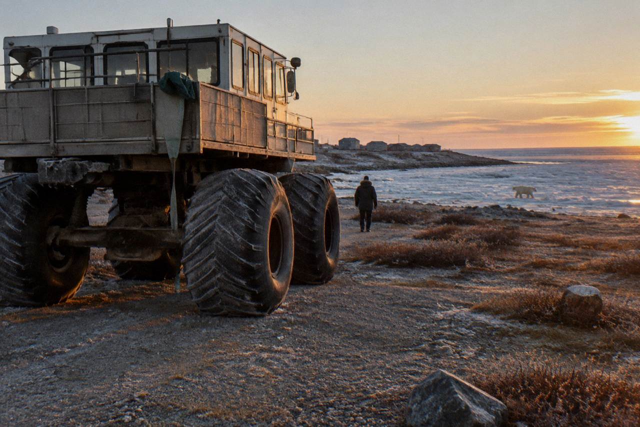 A raised tundra vehicle with very large tires parked on open gravel ground near a frozen shoreline