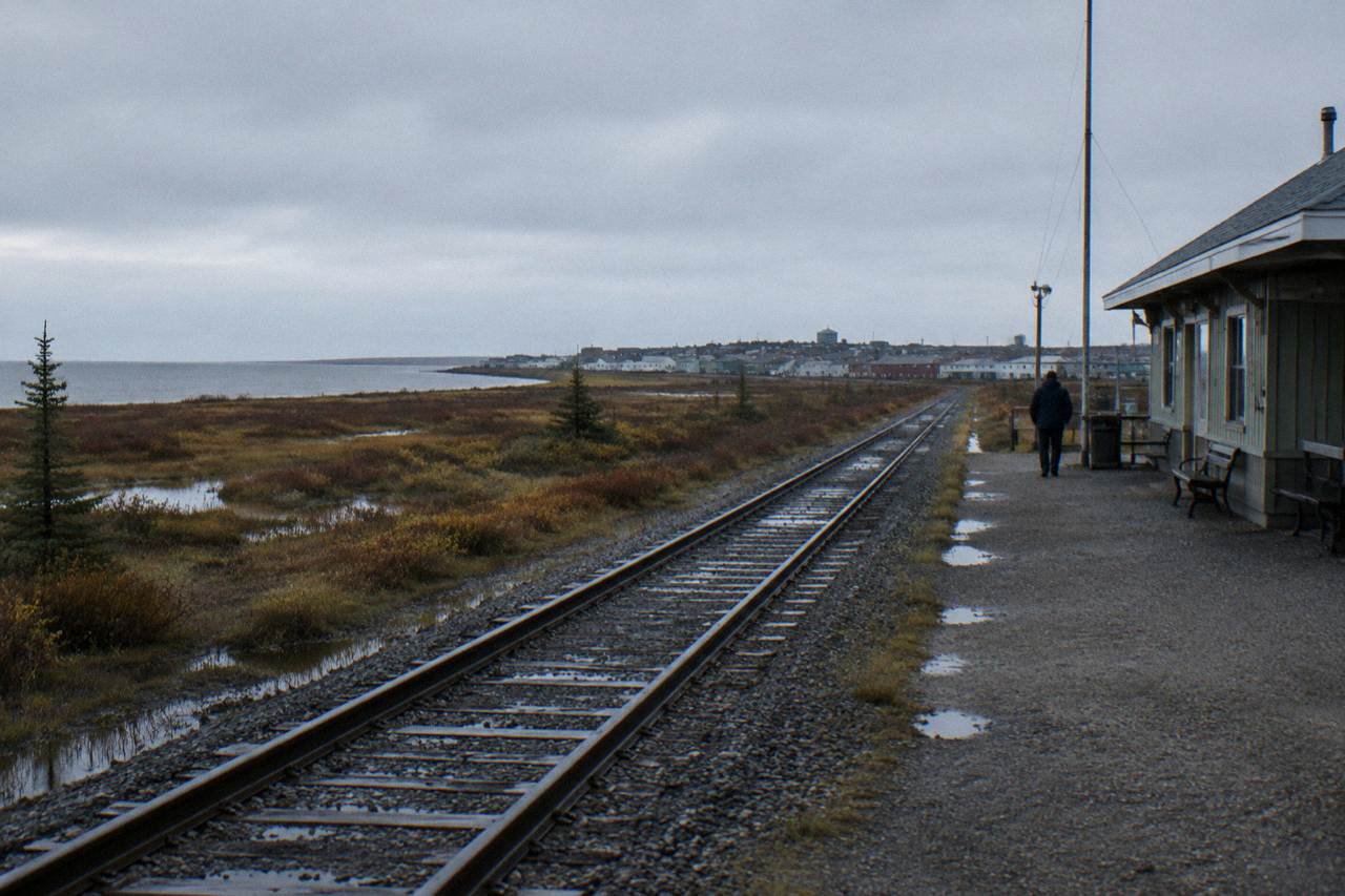 A rail line crossing flat subarctic muskeg toward a distant town on the shore of Hudson Bay.