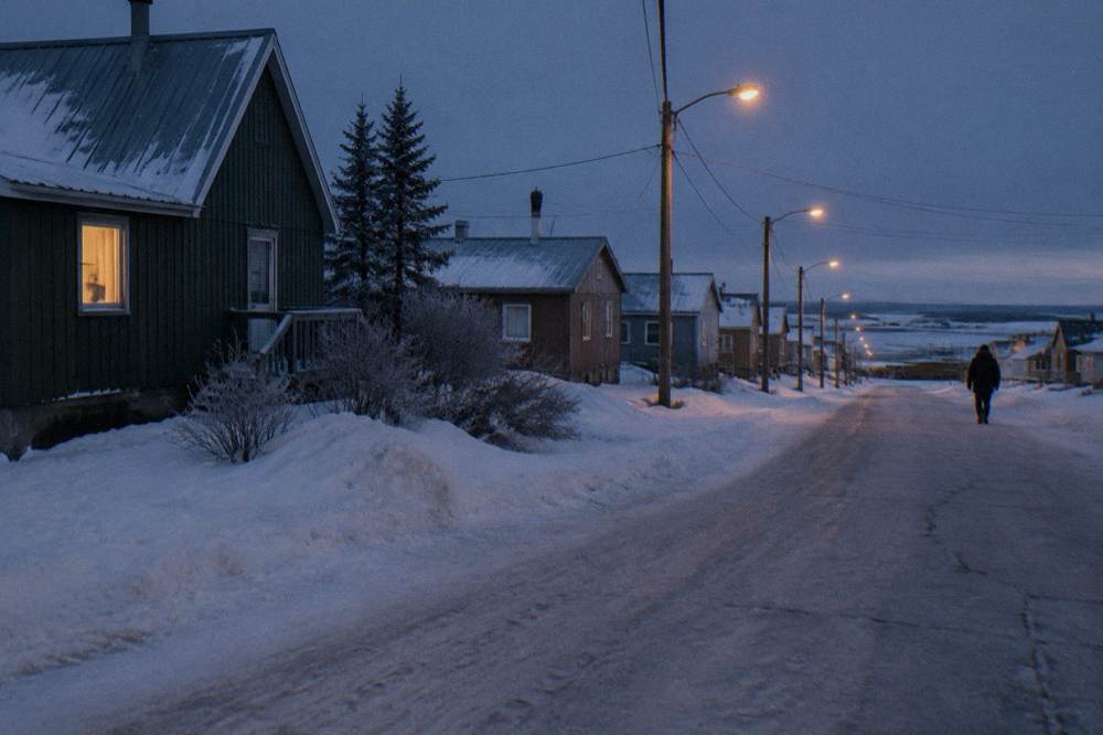 A snow-dusted main street with streetlights glowing at dusk in a remote northern town