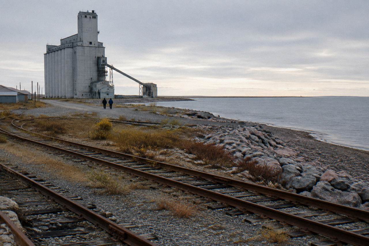 Wide view of Churchill's low coastline along Hudson Bay with flat tundra stretching to the horizon