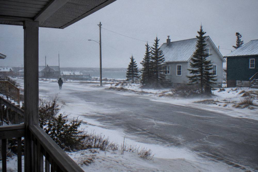 A snowy Churchill street under a low grey sky with wind-blown snow across the road in late autumn
