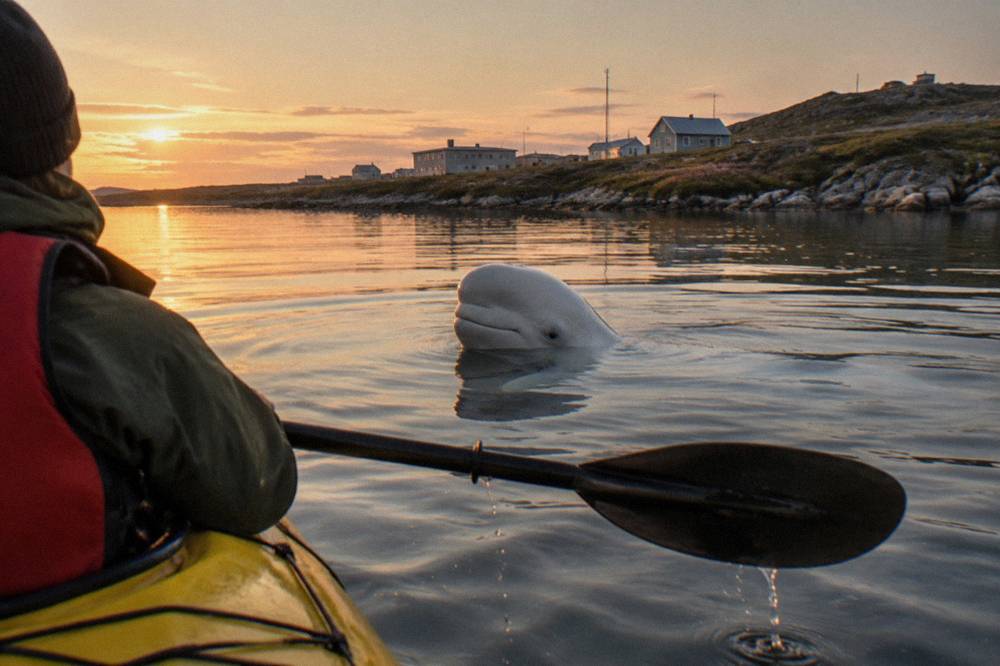 A single kayak floating on still estuary water as a white beluga whale surfaces beside it