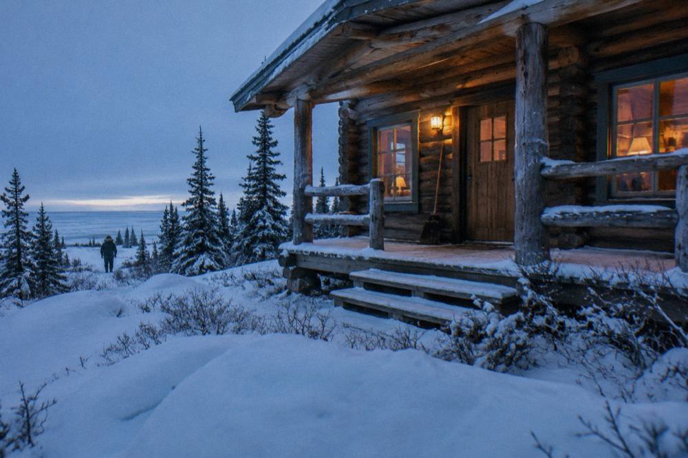 A log-cabin style lodge with warm windows and snow dusting the wooden porch