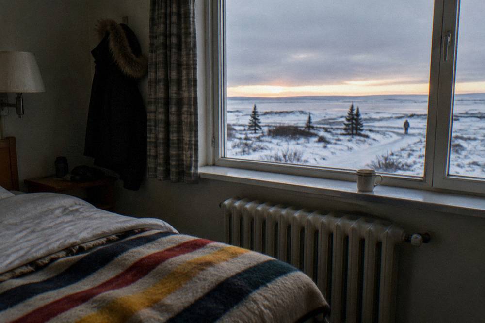 A quiet northern hotel room with a window looking toward flat tundra and a grey sky