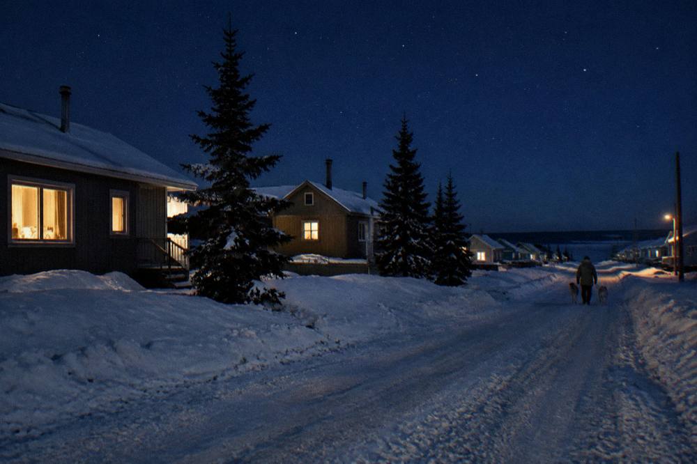 A snowy street in a small northern town with lit windows and a warning sign about wildlife