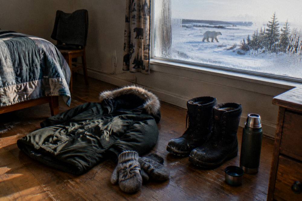 Insulated parka, gloves and winter boots laid out for a cold day on the tundra