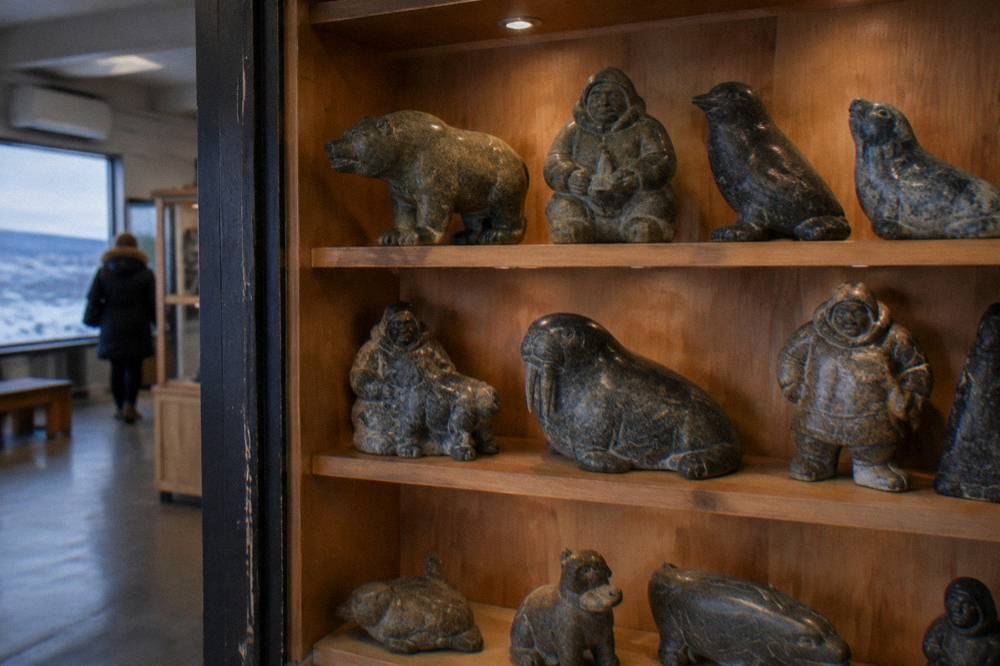 A display of carved stone Inuit sculptures arranged on shelves inside a small museum