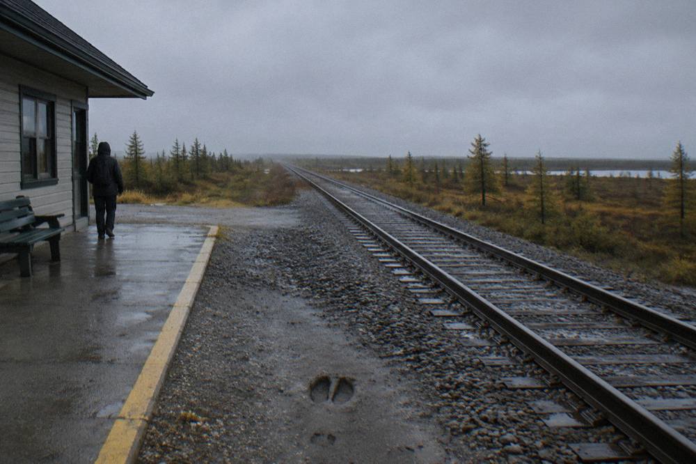 A rail line running straight through flat bog and low scrub toward a distant horizon under an overcast sky