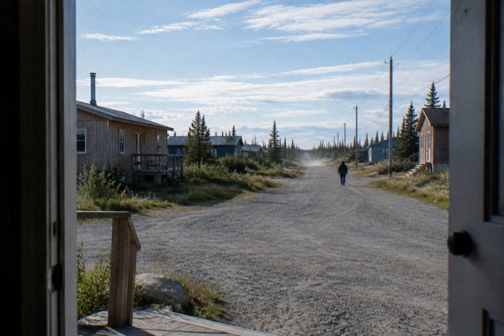 A quiet gravel street of low wooden buildings under a wide open sky in a small northern town