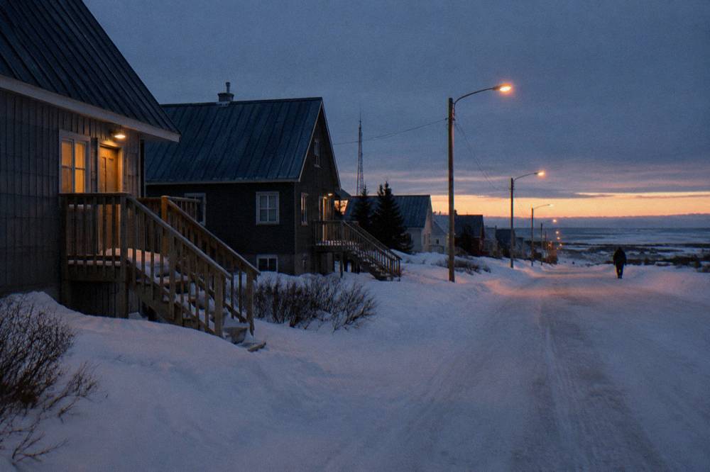 A quiet Churchill street at dusk with streetlights glowing along packed snow