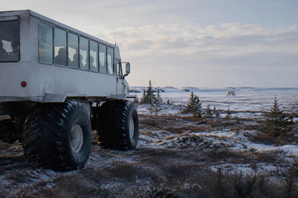 A large raised tundra vehicle with oversized tires parked on open tundra