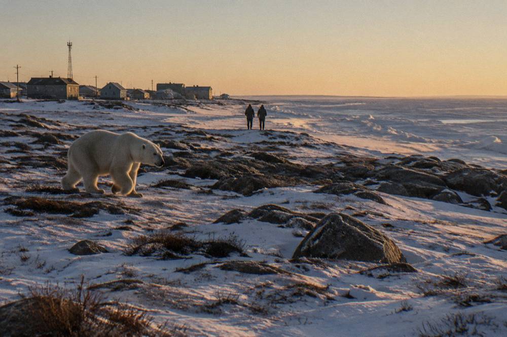 Low golden light across flat tundra and a frozen shoreline in late autumn
