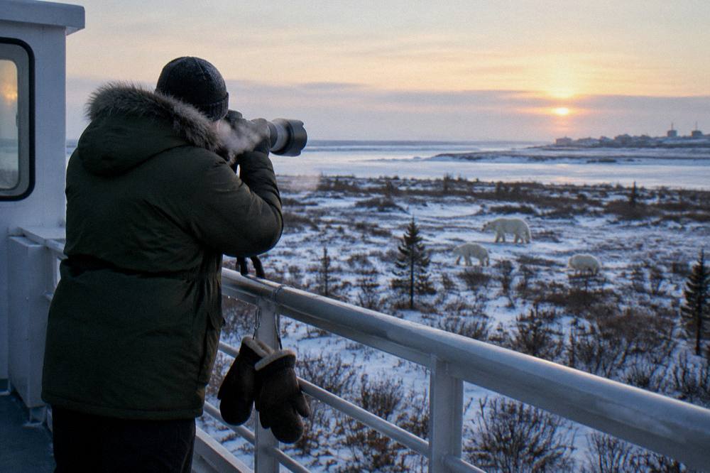 A photographer in winter clothing standing on a vehicle deck with a long lens