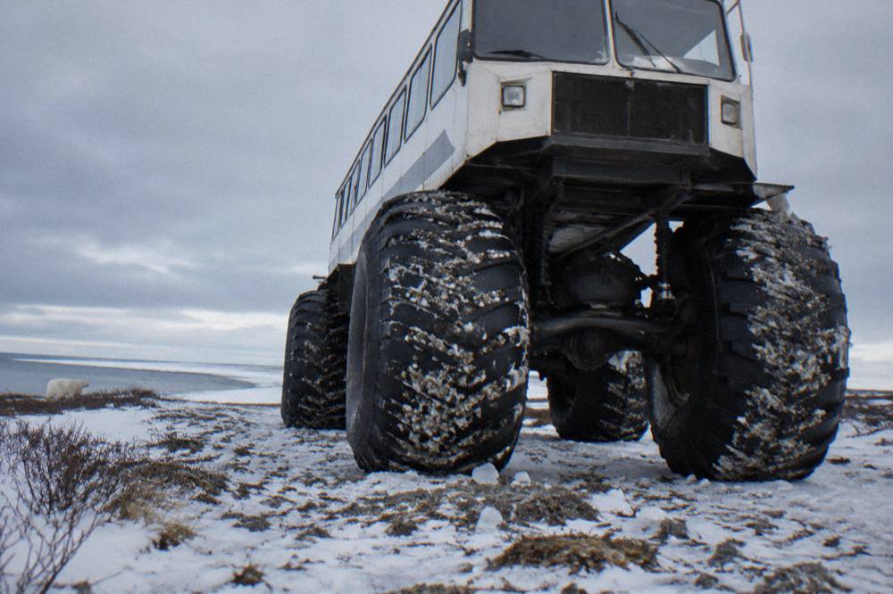 A raised tundra vehicle with oversized tires standing on open snowy tundra under a grey sky