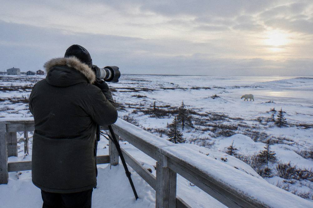 A traveler in a heavy parka photographing across open snowy tundra from a raised viewing platform
