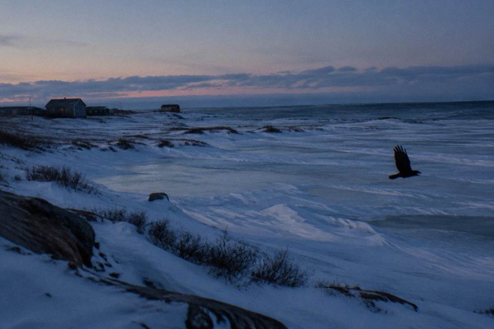 A coastal plain at dusk with frozen ponds and a dark sea horizon