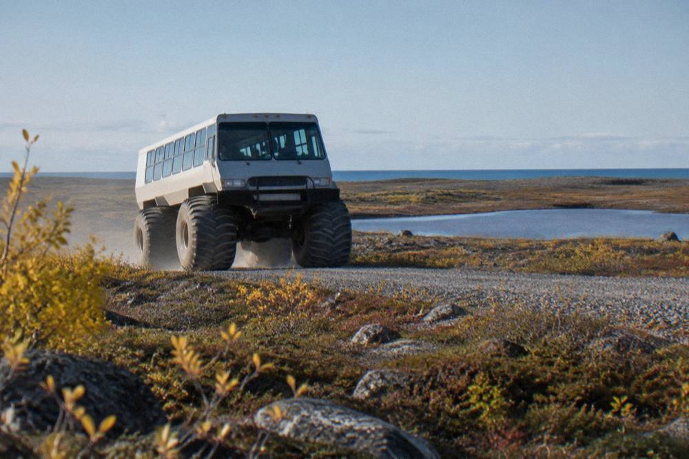A raised tundra vehicle on a gravel trail across open subarctic tundra