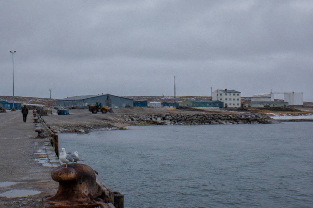 A small town of low buildings on a cold coastline under a wide grey sky