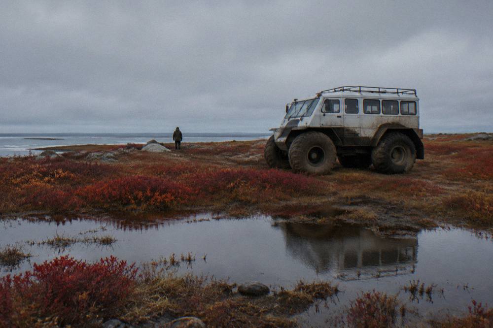 A large-wheeled tundra vehicle parked on open subarctic terrain with low shrubs and a grey sky