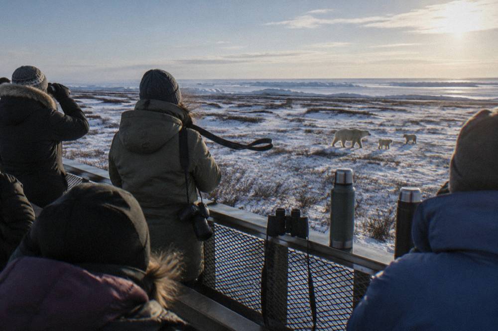 Passengers watching from the open rear deck of a raised tundra vehicle in cold clear weather